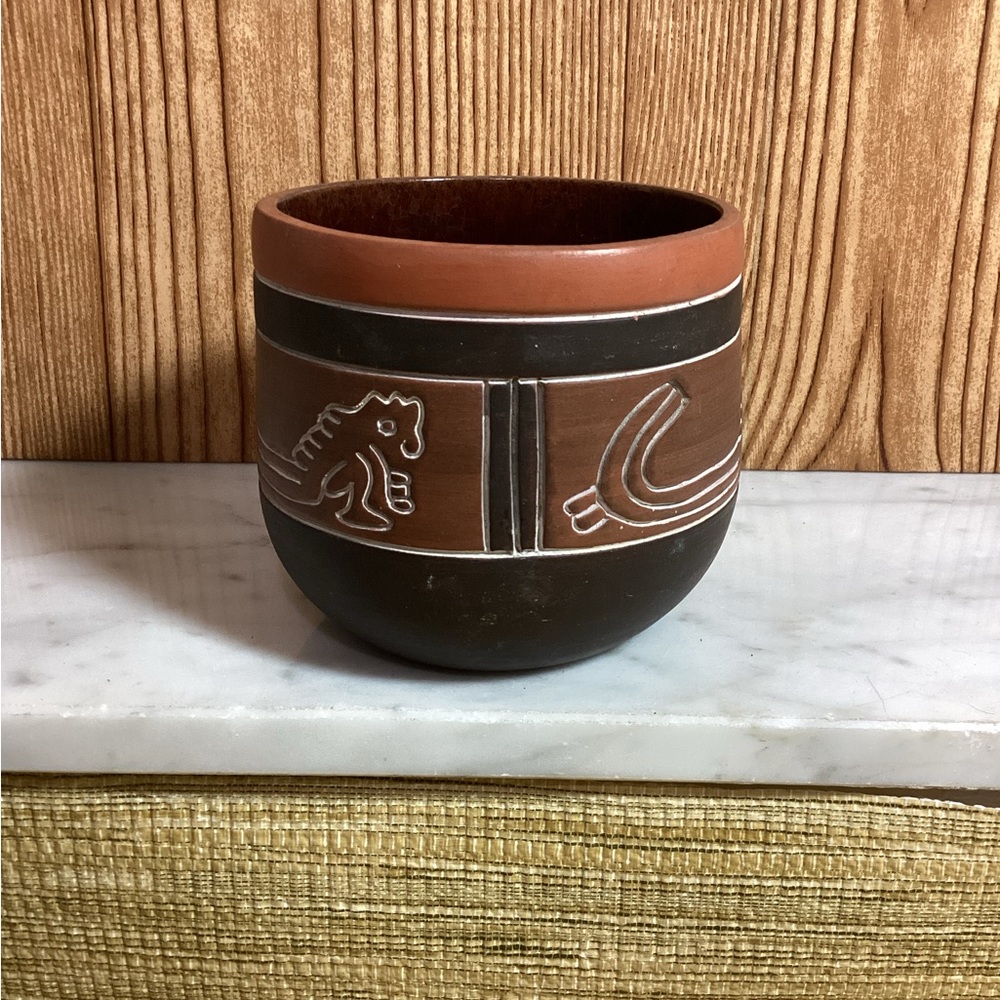 Mexican Handcrafted Brown and Terracotta Ceramic Pot signed by Artist